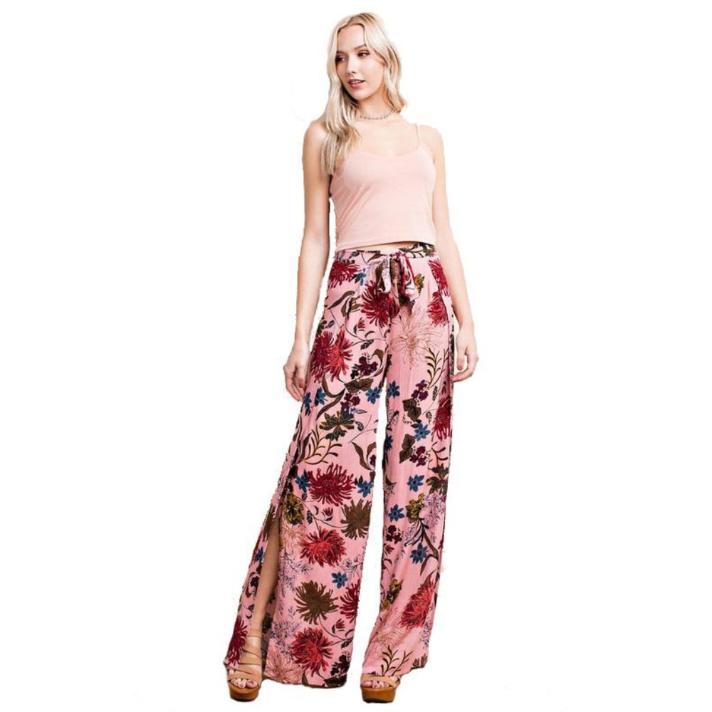 Hazel Palazzo Pant Red Pink Floral Rayon Flare